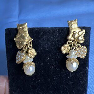 KIRKS FOLLY Cat Maple Leaf Charms PIERCED DROP DANGLE EARRINGS